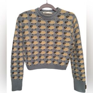 Rare Zara cropped sheep print knit sweater - light blue - Size S